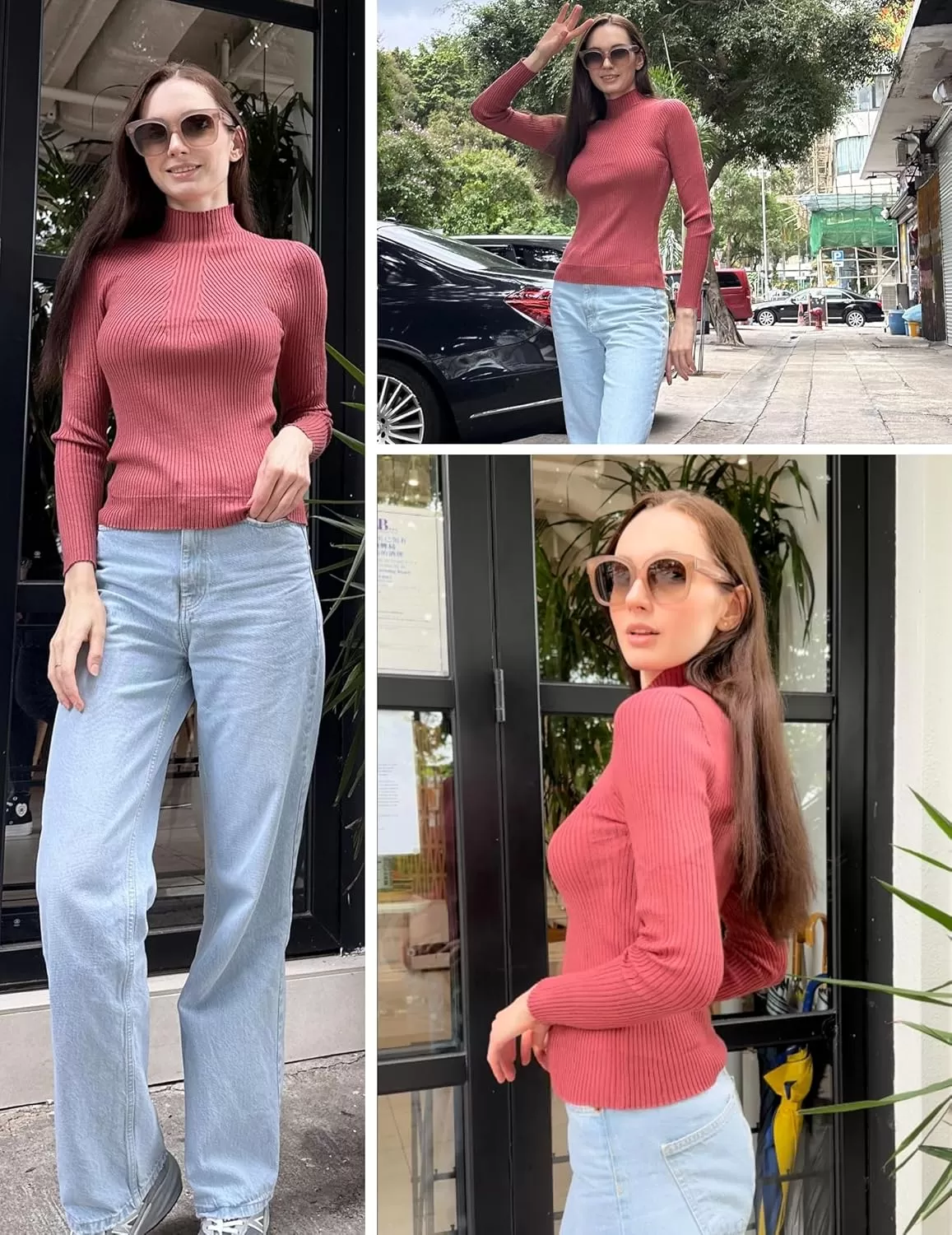 imageHOTOUCH Women Mock Neck Sweater Ribbed Knit Fitted Top Basic Casual Long Sleeve Shirt Fall Fashion Clothing 2024 TrendyBrickred