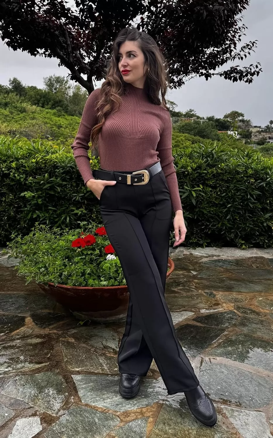 imageHOTOUCH Women Mock Neck Sweater Ribbed Knit Fitted Top Basic Casual Long Sleeve Shirt Fall Fashion Clothing 2024 TrendyBrown