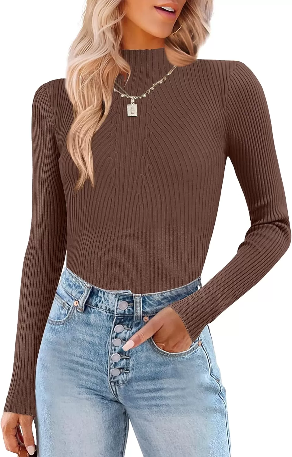 imageHOTOUCH Women Mock Neck Sweater Ribbed Knit Fitted Top Basic Casual Long Sleeve Shirt Fall Fashion Clothing 2024 TrendyBrown