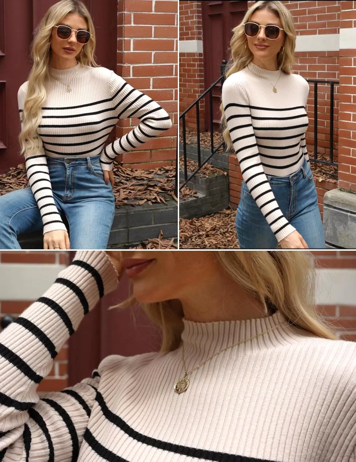 imageHOTOUCH Women Mock Neck Sweater Ribbed Knit Fitted Top Basic Casual Long Sleeve Shirt Fall Fashion Clothing 2024 TrendyBrown Black Striped