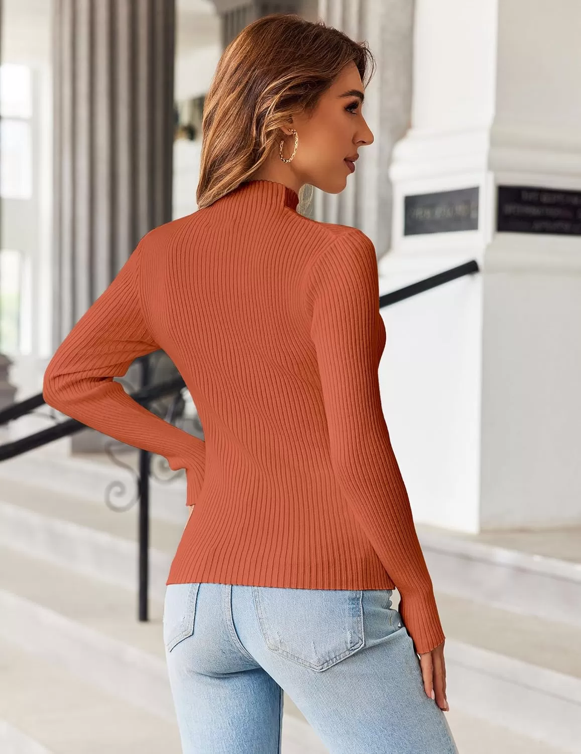 imageHOTOUCH Women Mock Neck Sweater Ribbed Knit Fitted Top Basic Casual Long Sleeve Shirt Fall Fashion Clothing 2024 TrendyCaramel