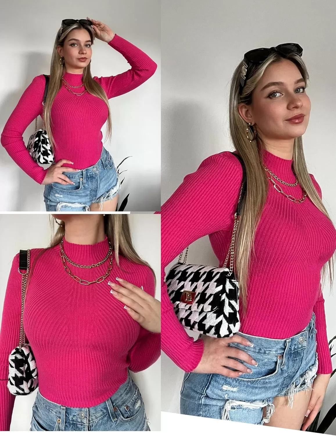 imageHOTOUCH Women Mock Neck Sweater Ribbed Knit Fitted Top Basic Casual Long Sleeve Shirt Fall Fashion Clothing 2024 TrendyHot Pink