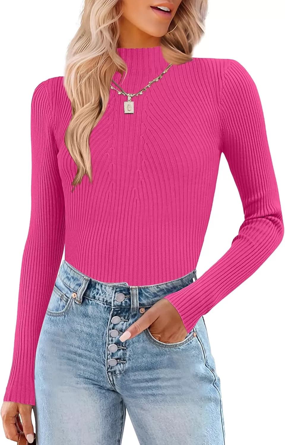 imageHOTOUCH Women Mock Neck Sweater Ribbed Knit Fitted Top Basic Casual Long Sleeve Shirt Fall Fashion Clothing 2024 TrendyHot Pink