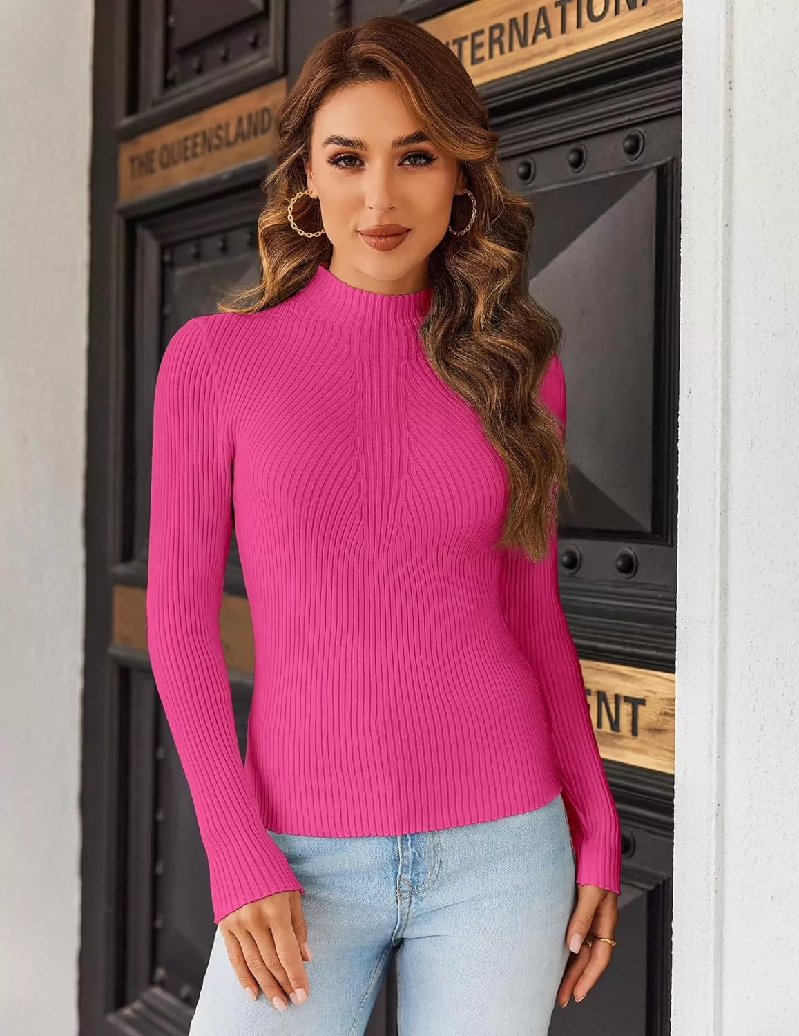 imageHOTOUCH Women Mock Neck Sweater Ribbed Knit Fitted Top Basic Casual Long Sleeve Shirt Fall Fashion Clothing 2024 TrendyHot Pink
