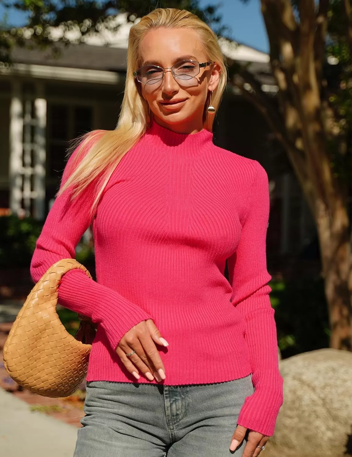imageHOTOUCH Women Mock Neck Sweater Ribbed Knit Fitted Top Basic Casual Long Sleeve Shirt Fall Fashion Clothing 2024 TrendyHot Pink