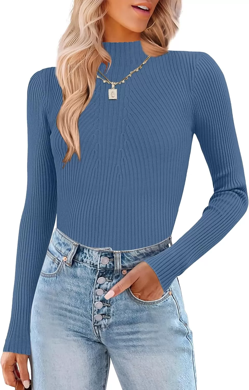 imageHOTOUCH Women Mock Neck Sweater Ribbed Knit Fitted Top Basic Casual Long Sleeve Shirt Fall Fashion Clothing 2024 TrendyNavy