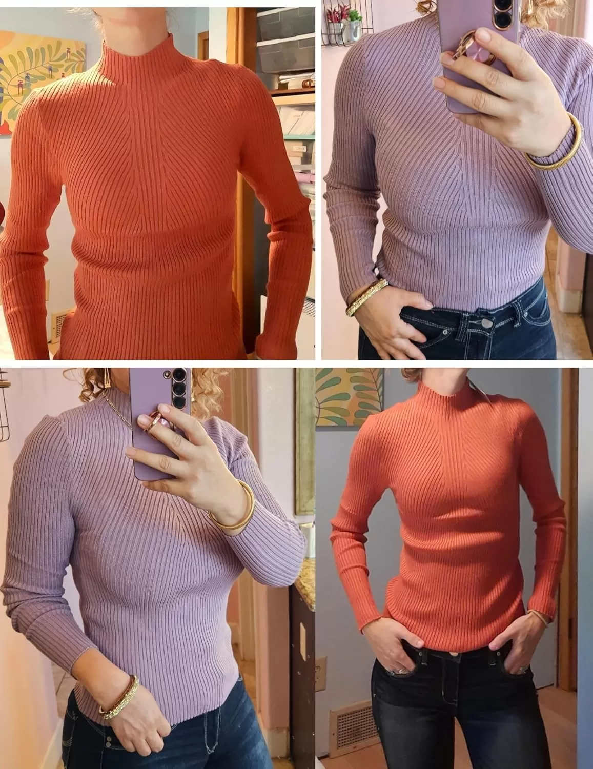 imageHOTOUCH Women Mock Neck Sweater Ribbed Knit Fitted Top Basic Casual Long Sleeve Shirt Fall Fashion Clothing 2024 TrendyPurple
