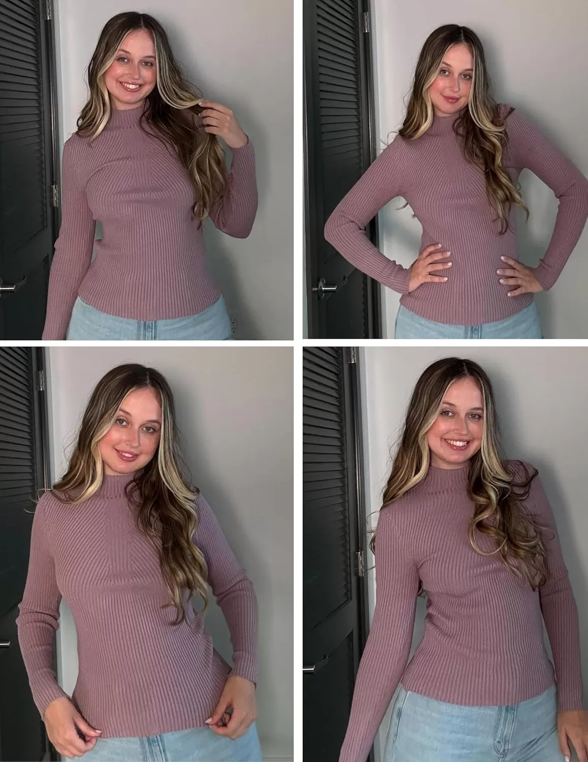 imageHOTOUCH Women Mock Neck Sweater Ribbed Knit Fitted Top Basic Casual Long Sleeve Shirt Fall Fashion Clothing 2024 TrendyPurple