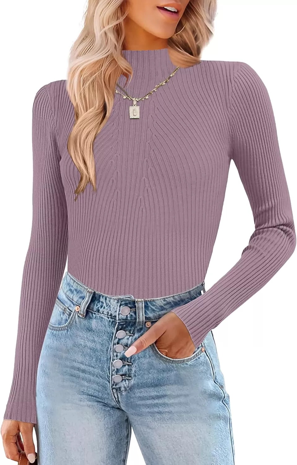 imageHOTOUCH Women Mock Neck Sweater Ribbed Knit Fitted Top Basic Casual Long Sleeve Shirt Fall Fashion Clothing 2024 TrendyPurple