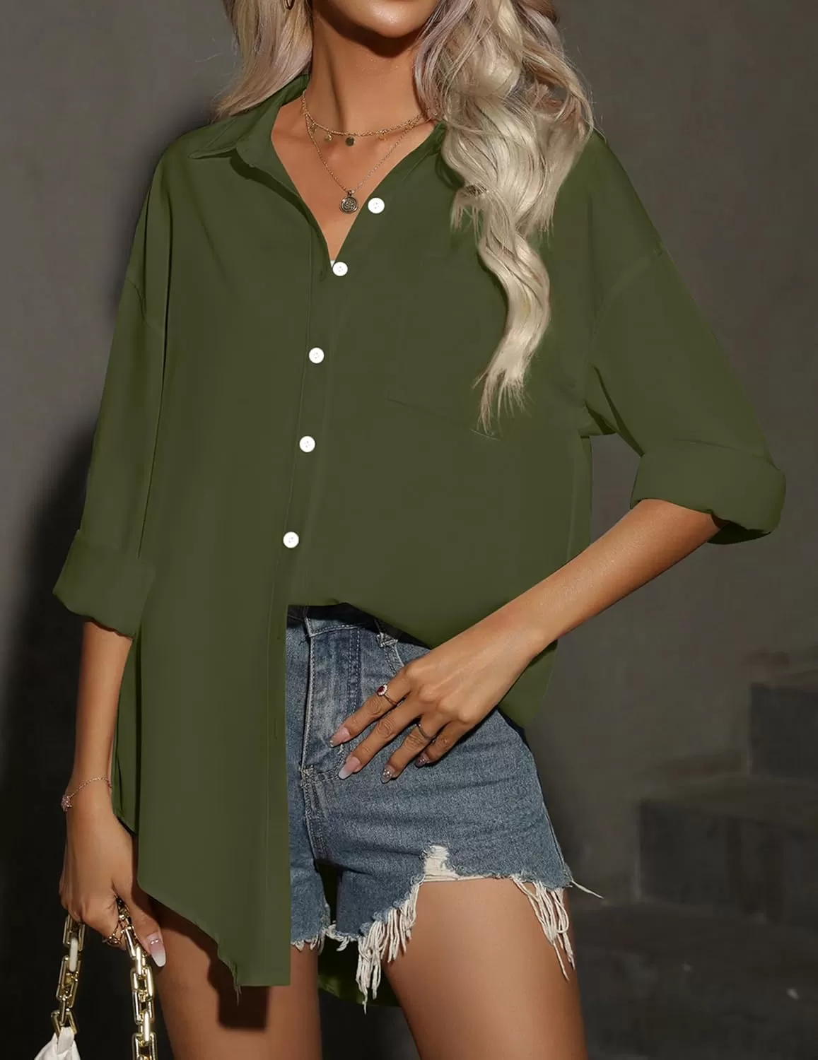 imageHOTOUCH Women Oversized Button Down Shirts Office Drop Shoulder Blouse Long Sleeve Boyfriend Dress Shirt with PocketsArmy Green