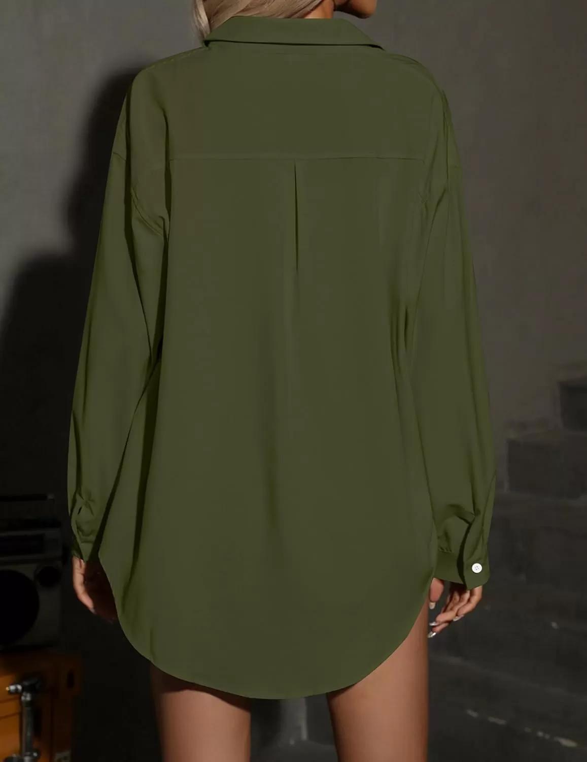 imageHOTOUCH Women Oversized Button Down Shirts Office Drop Shoulder Blouse Long Sleeve Boyfriend Dress Shirt with PocketsArmy Green