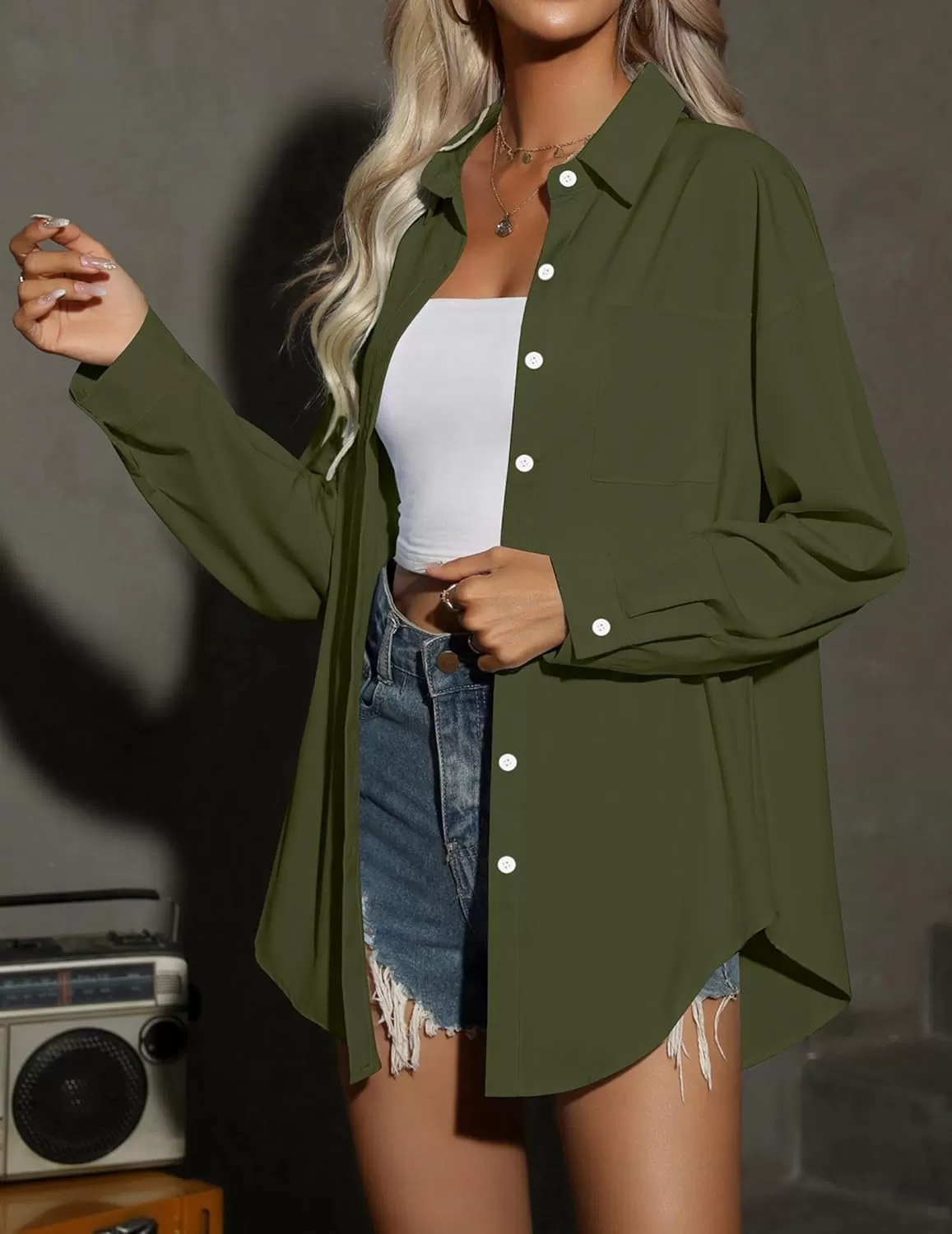 imageHOTOUCH Women Oversized Button Down Shirts Office Drop Shoulder Blouse Long Sleeve Boyfriend Dress Shirt with PocketsArmy Green