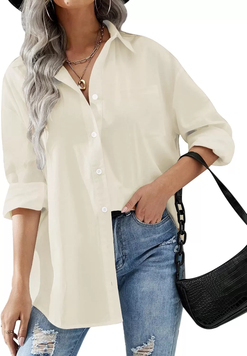imageHOTOUCH Women Oversized Button Down Shirts Office Drop Shoulder Blouse Long Sleeve Boyfriend Dress Shirt with PocketsBeige