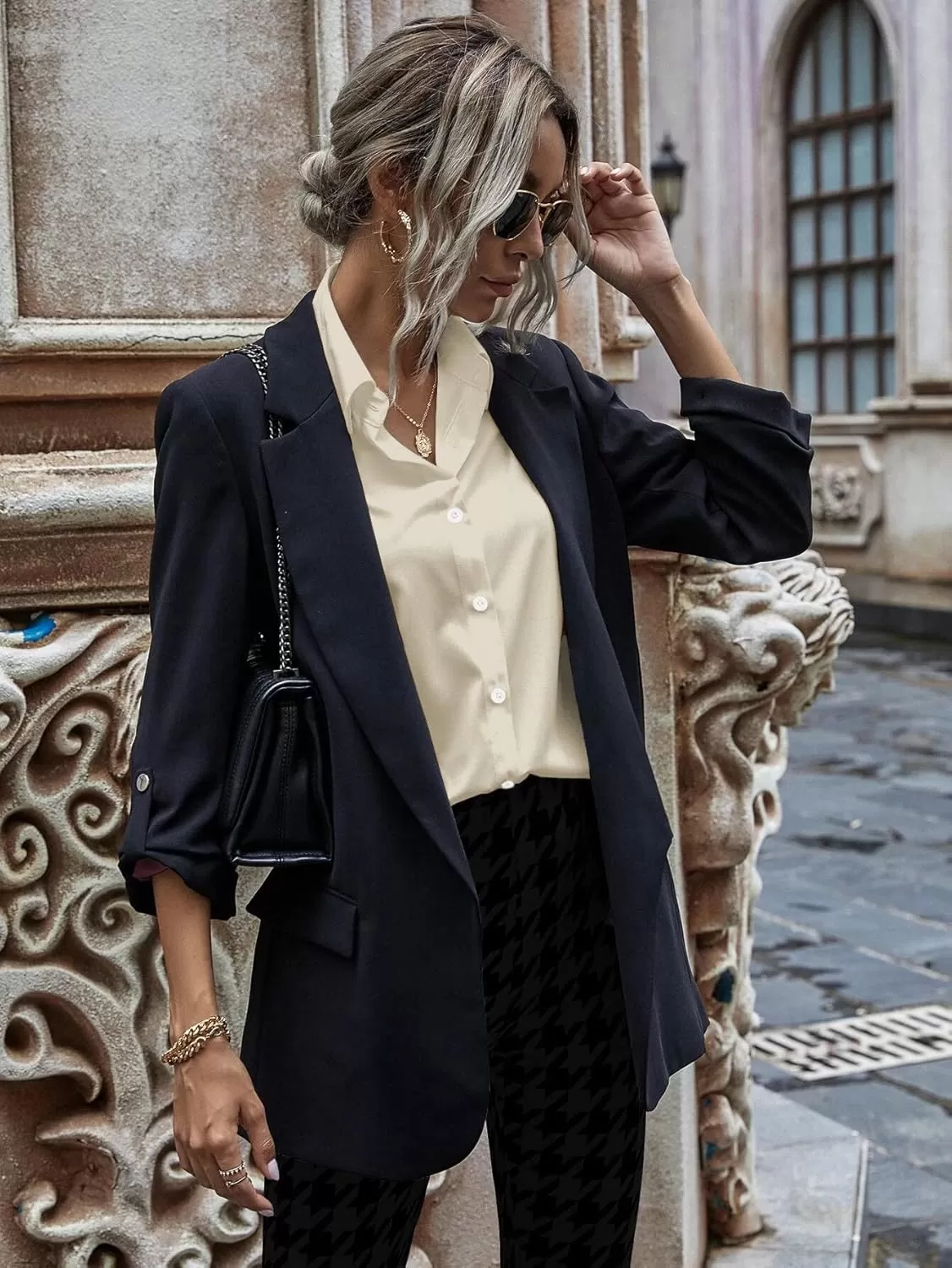 imageHOTOUCH Women Oversized Button Down Shirts Office Drop Shoulder Blouse Long Sleeve Boyfriend Dress Shirt with PocketsBeige