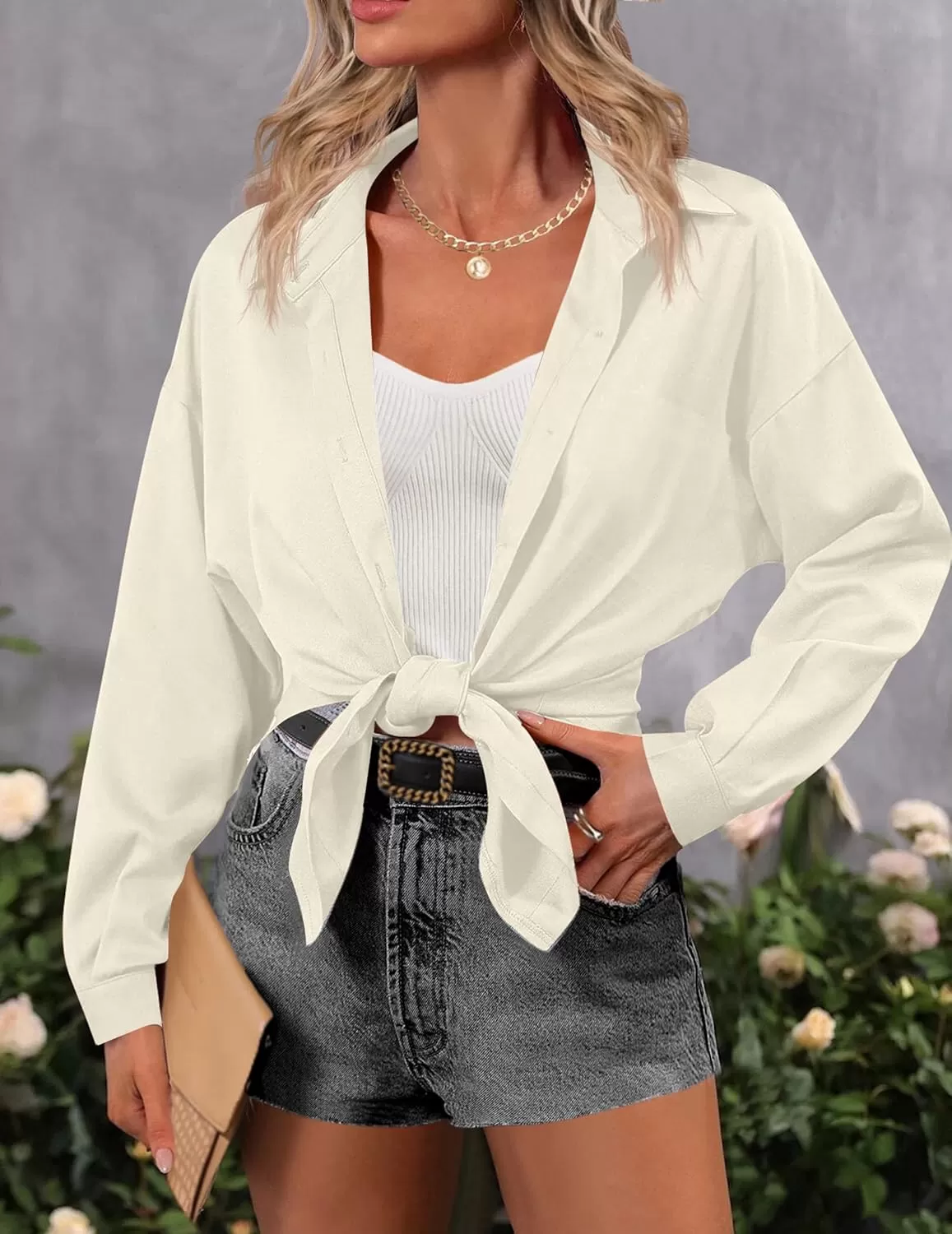 imageHOTOUCH Women Oversized Button Down Shirts Office Drop Shoulder Blouse Long Sleeve Boyfriend Dress Shirt with PocketsBeige