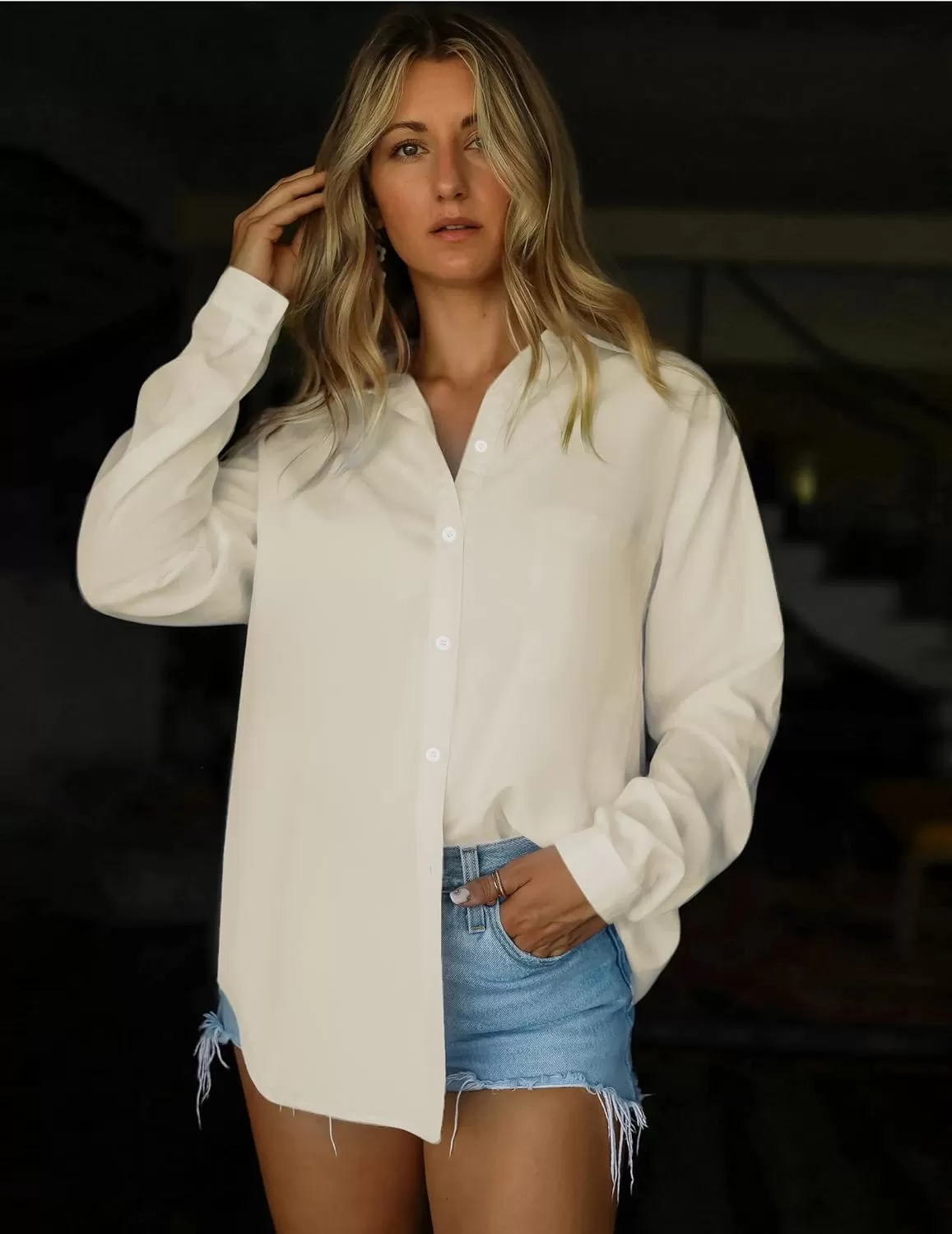 imageHOTOUCH Women Oversized Button Down Shirts Office Drop Shoulder Blouse Long Sleeve Boyfriend Dress Shirt with PocketsBeige
