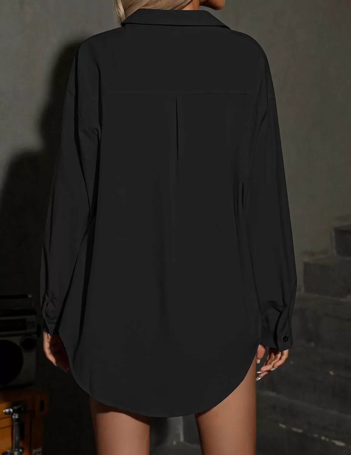 imageHOTOUCH Women Oversized Button Down Shirts Office Drop Shoulder Blouse Long Sleeve Boyfriend Dress Shirt with PocketsBlack