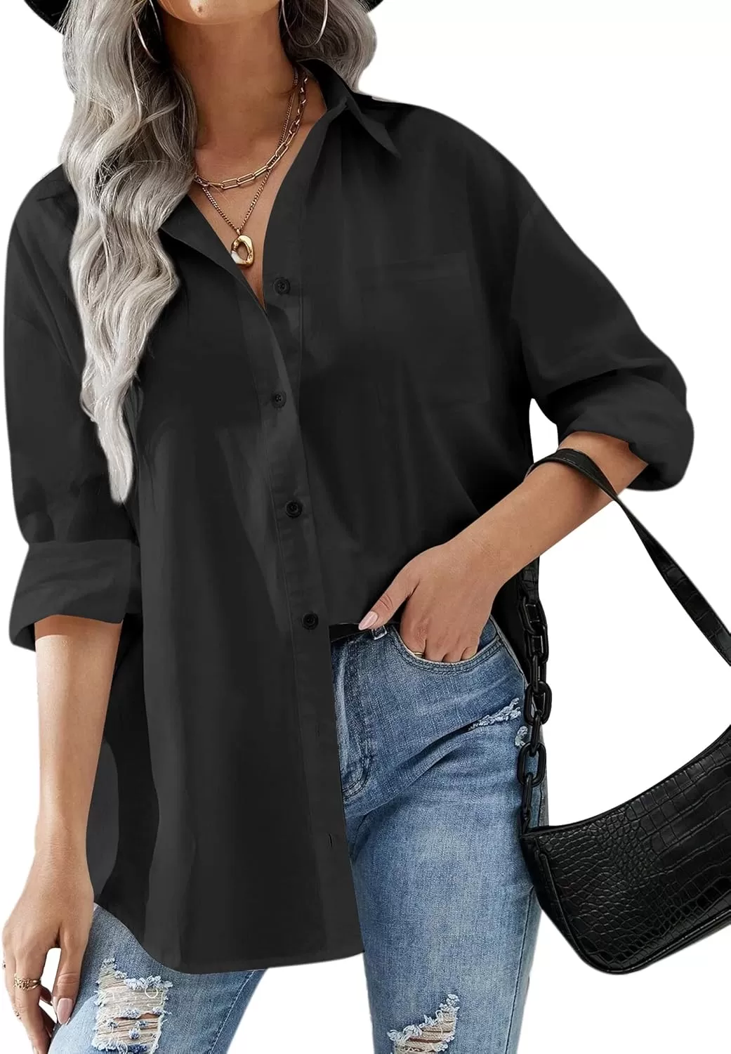 imageHOTOUCH Women Oversized Button Down Shirts Office Drop Shoulder Blouse Long Sleeve Boyfriend Dress Shirt with PocketsBlack