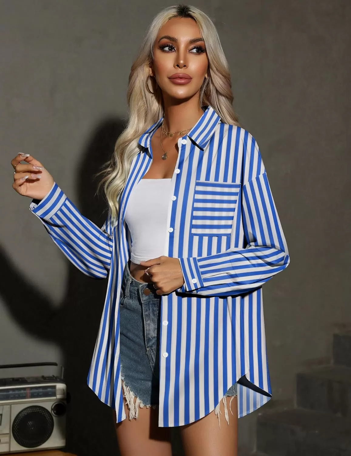 imageHOTOUCH Women Oversized Button Down Shirts Office Drop Shoulder Blouse Long Sleeve Boyfriend Dress Shirt with PocketsBlue Stripes