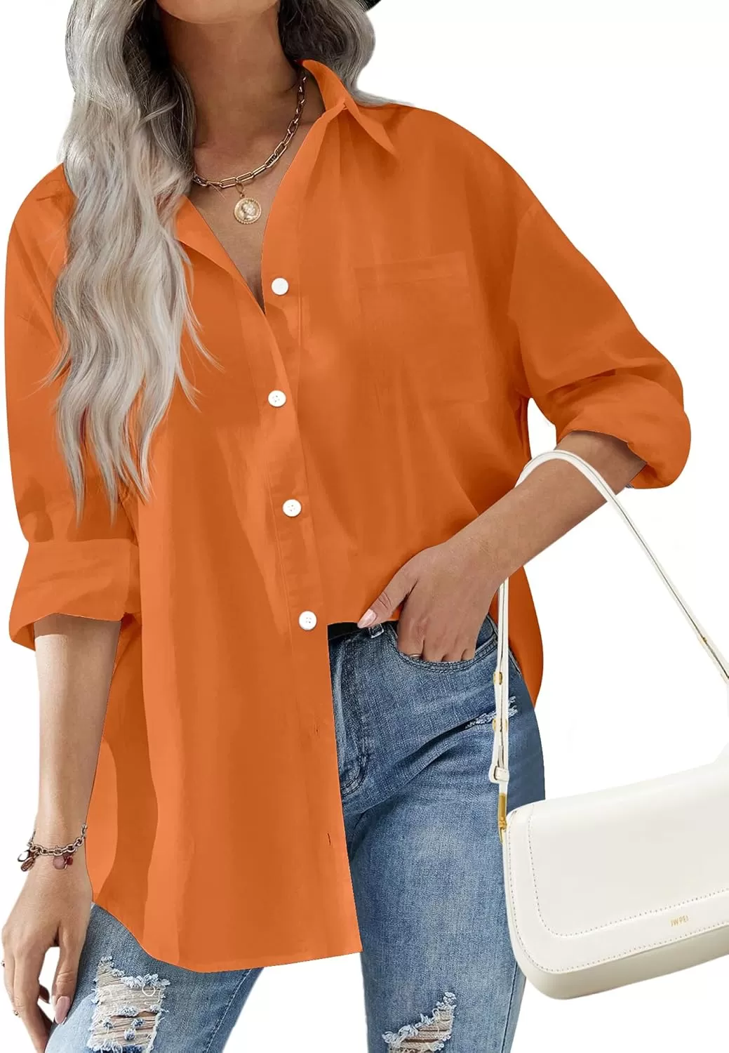 imageHOTOUCH Women Oversized Button Down Shirts Office Drop Shoulder Blouse Long Sleeve Boyfriend Dress Shirt with PocketsBurnt Orange