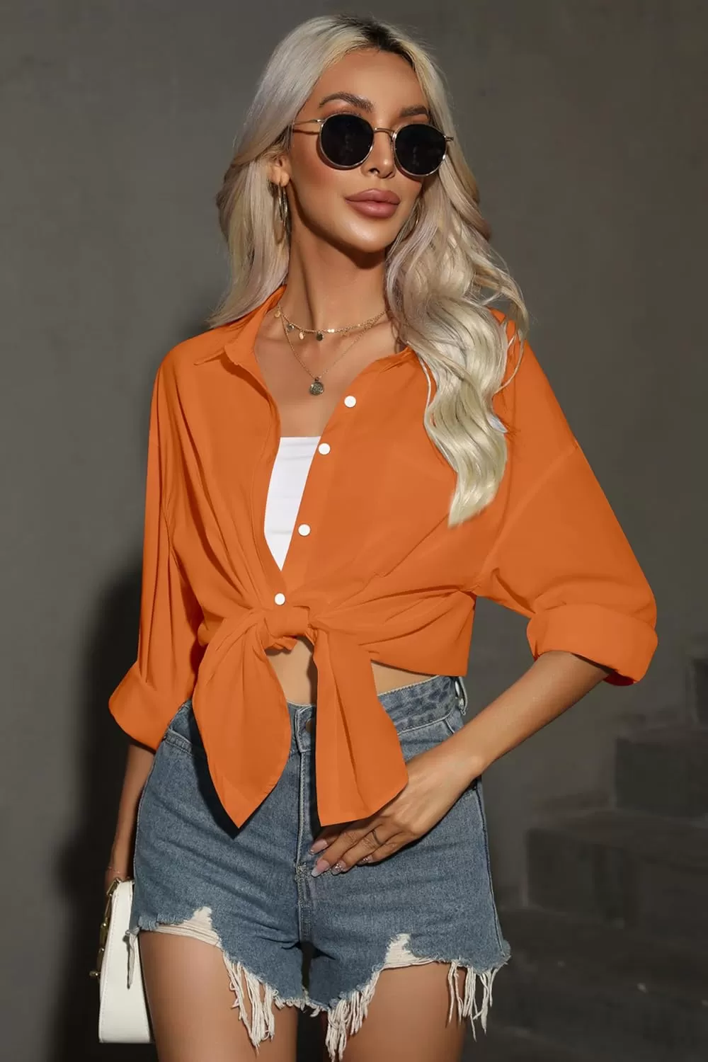 imageHOTOUCH Women Oversized Button Down Shirts Office Drop Shoulder Blouse Long Sleeve Boyfriend Dress Shirt with PocketsBurnt Orange