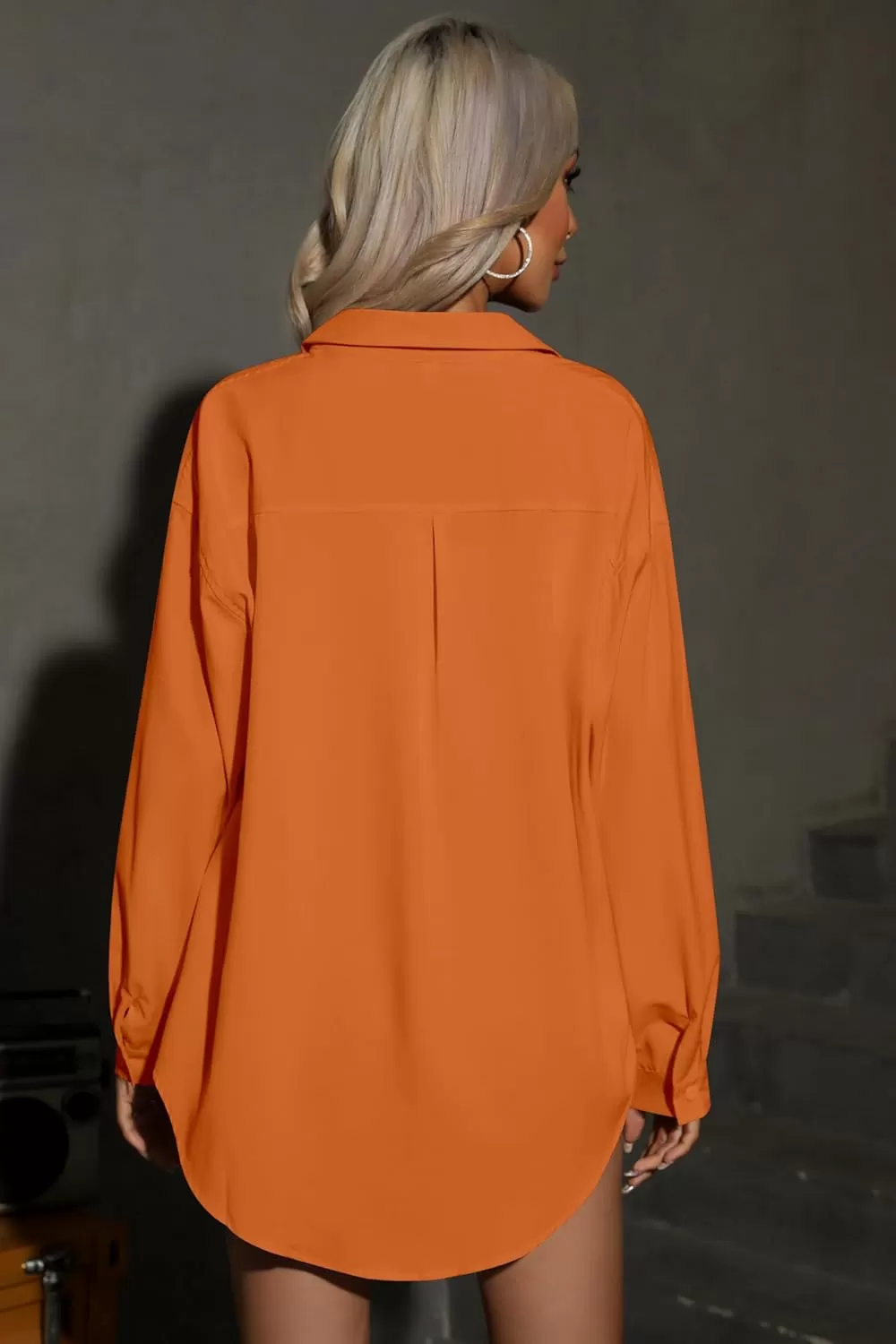 imageHOTOUCH Women Oversized Button Down Shirts Office Drop Shoulder Blouse Long Sleeve Boyfriend Dress Shirt with PocketsBurnt Orange