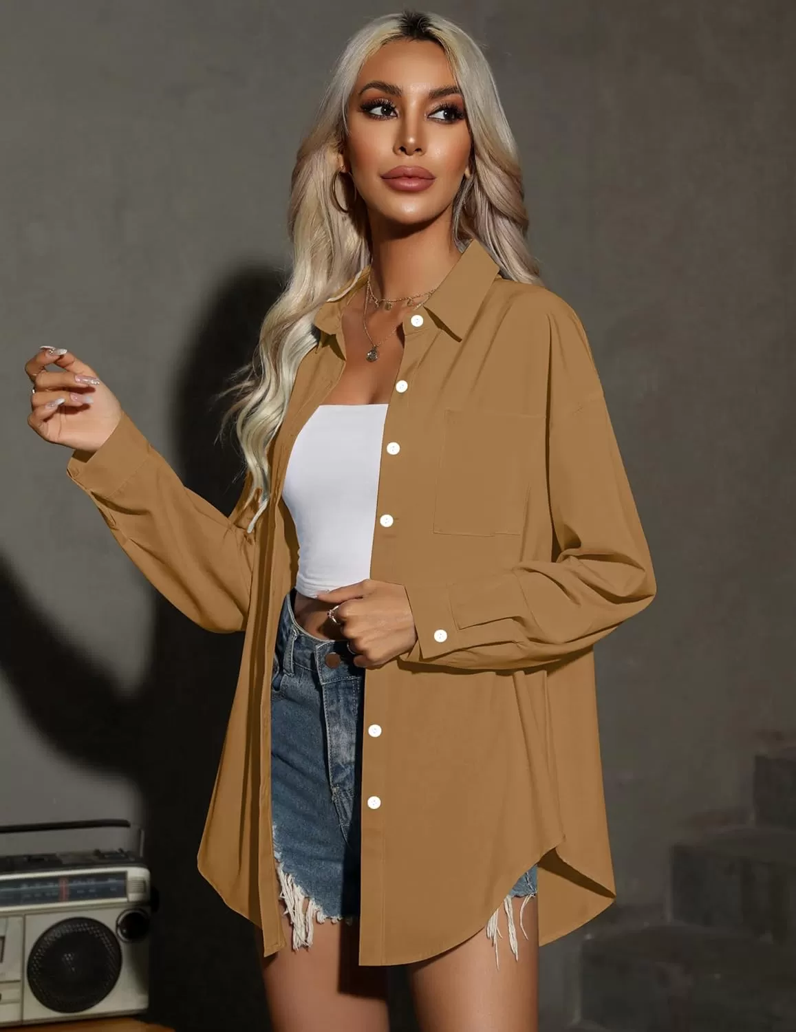 imageHOTOUCH Women Oversized Button Down Shirts Office Drop Shoulder Blouse Long Sleeve Boyfriend Dress Shirt with PocketsDark Khaki