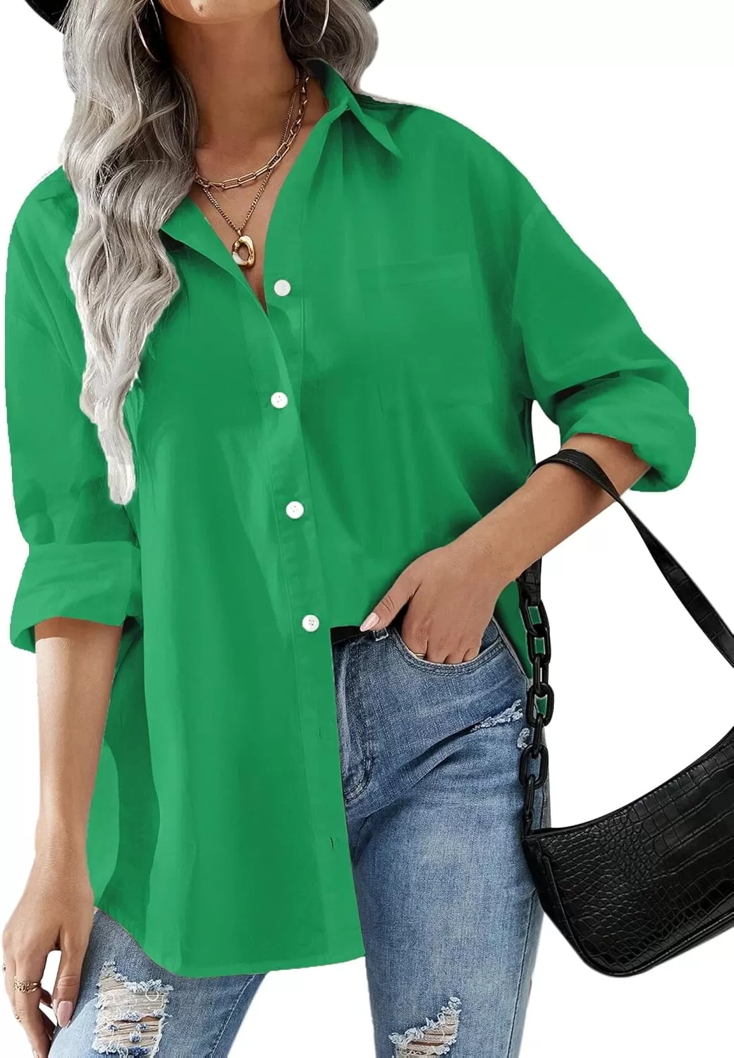 imageHOTOUCH Women Oversized Button Down Shirts Office Drop Shoulder Blouse Long Sleeve Boyfriend Dress Shirt with PocketsGreen