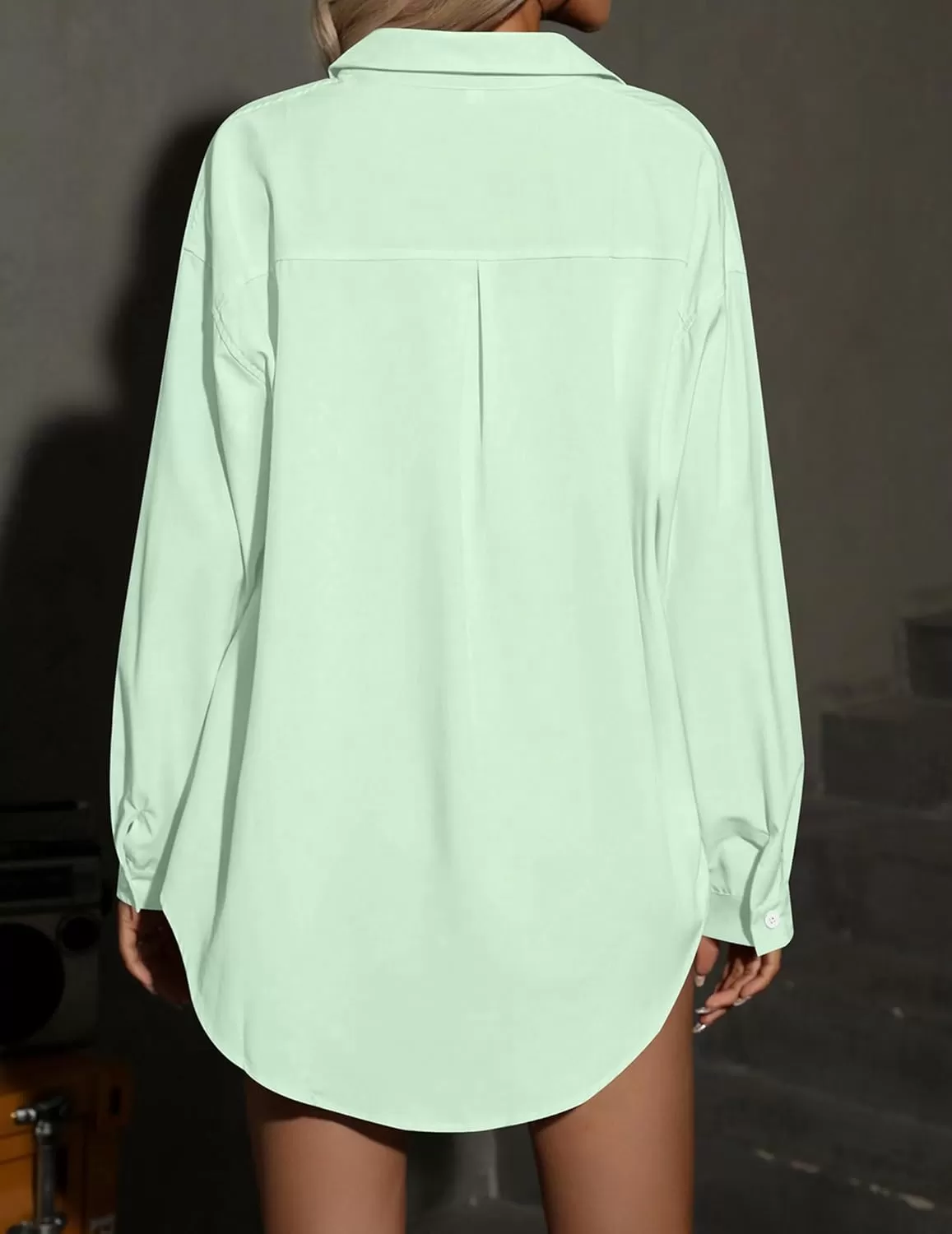 imageHOTOUCH Women Oversized Button Down Shirts Office Drop Shoulder Blouse Long Sleeve Boyfriend Dress Shirt with PocketsLight Green