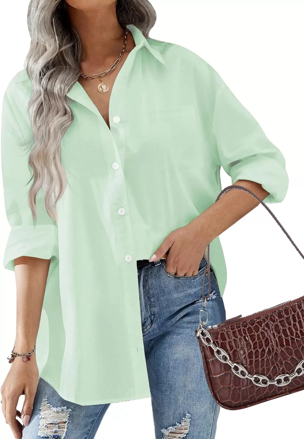 imageHOTOUCH Women Oversized Button Down Shirts Office Drop Shoulder Blouse Long Sleeve Boyfriend Dress Shirt with PocketsLight Green