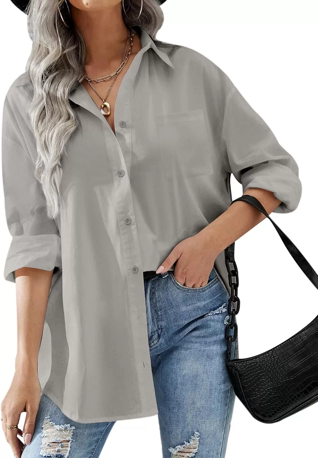 imageHOTOUCH Women Oversized Button Down Shirts Office Drop Shoulder Blouse Long Sleeve Boyfriend Dress Shirt with PocketsLight Grey