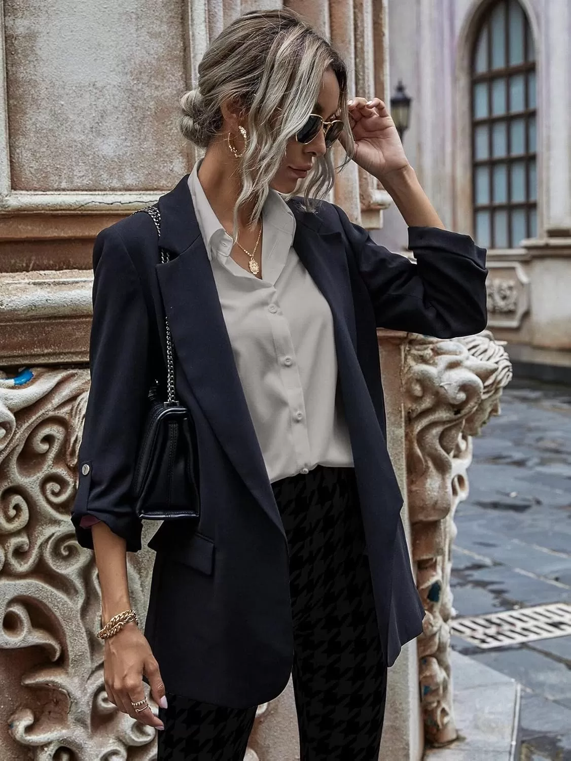 imageHOTOUCH Women Oversized Button Down Shirts Office Drop Shoulder Blouse Long Sleeve Boyfriend Dress Shirt with PocketsLight Grey
