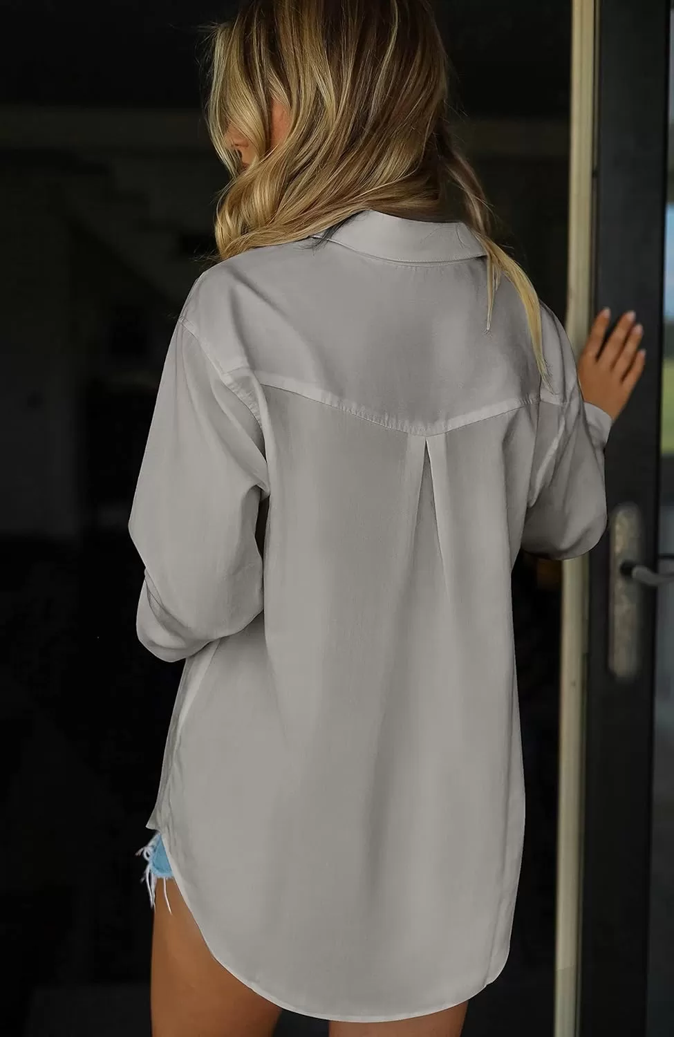 imageHOTOUCH Women Oversized Button Down Shirts Office Drop Shoulder Blouse Long Sleeve Boyfriend Dress Shirt with PocketsLight Grey