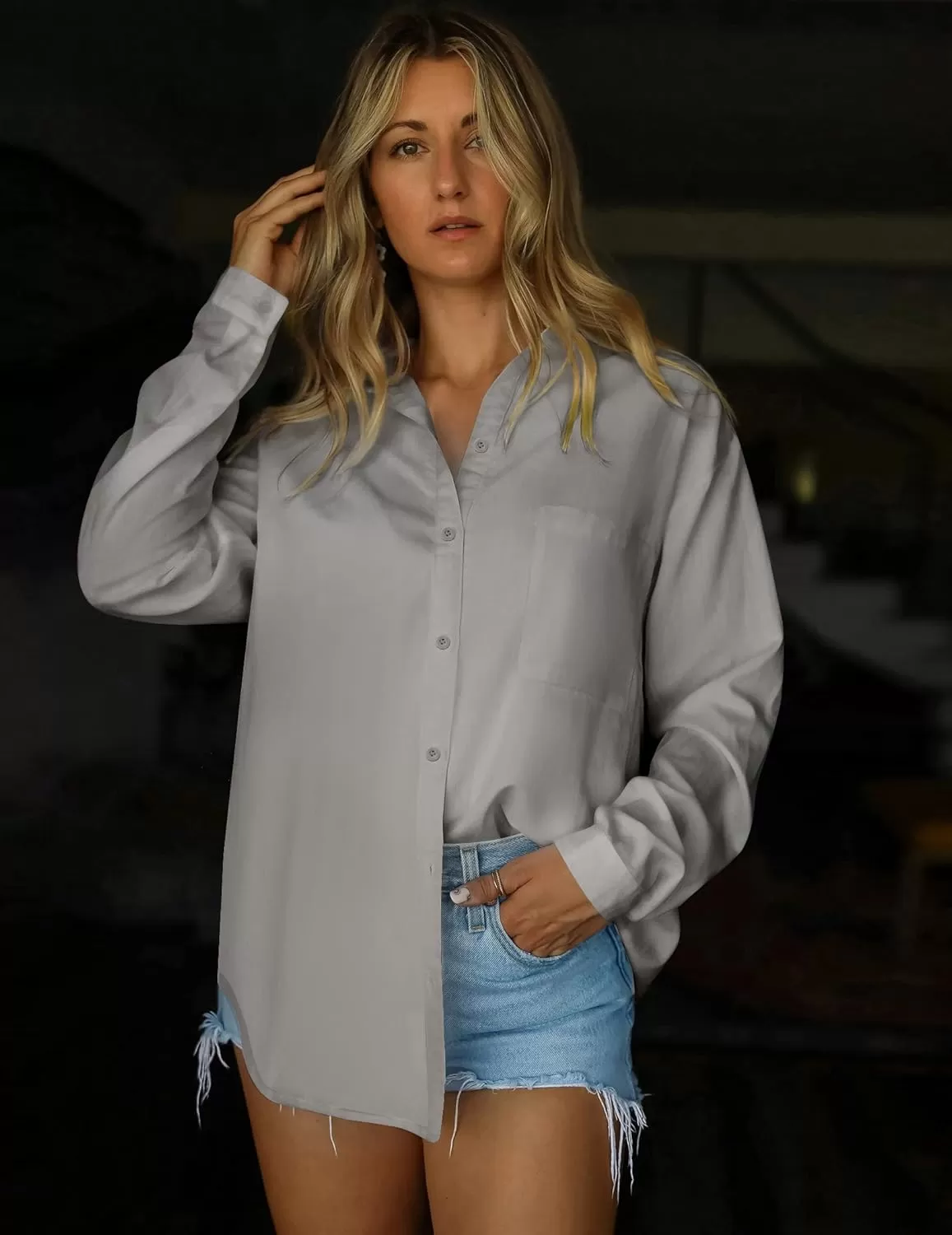 imageHOTOUCH Women Oversized Button Down Shirts Office Drop Shoulder Blouse Long Sleeve Boyfriend Dress Shirt with PocketsLight Grey