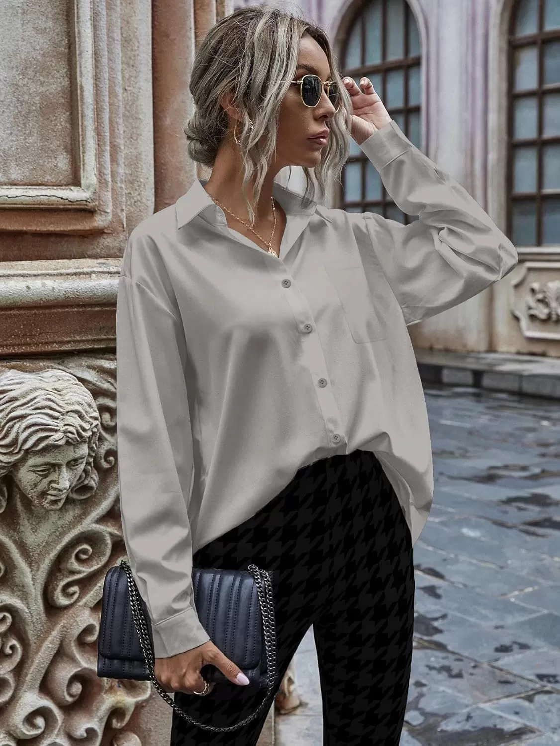 imageHOTOUCH Women Oversized Button Down Shirts Office Drop Shoulder Blouse Long Sleeve Boyfriend Dress Shirt with PocketsLight Grey