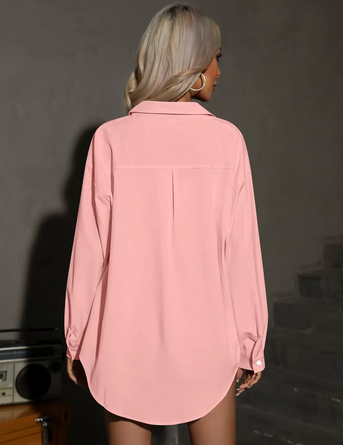 imageHOTOUCH Women Oversized Button Down Shirts Office Drop Shoulder Blouse Long Sleeve Boyfriend Dress Shirt with PocketsLight Pink