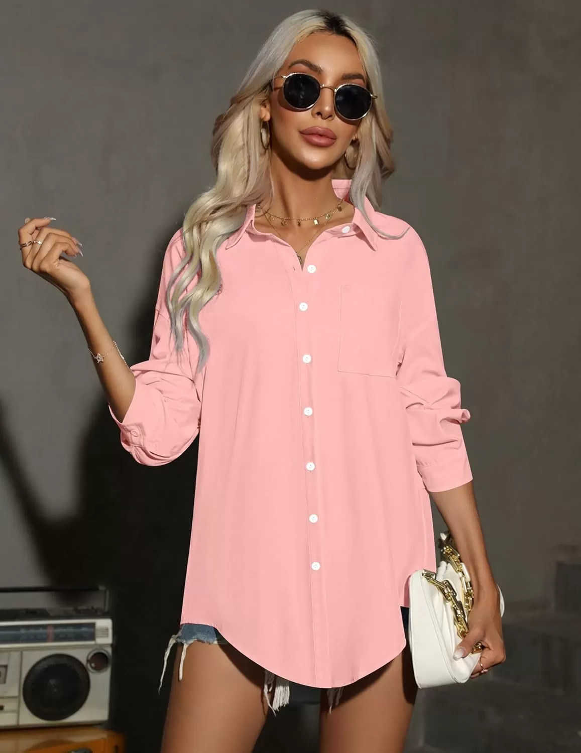imageHOTOUCH Women Oversized Button Down Shirts Office Drop Shoulder Blouse Long Sleeve Boyfriend Dress Shirt with PocketsLight Pink