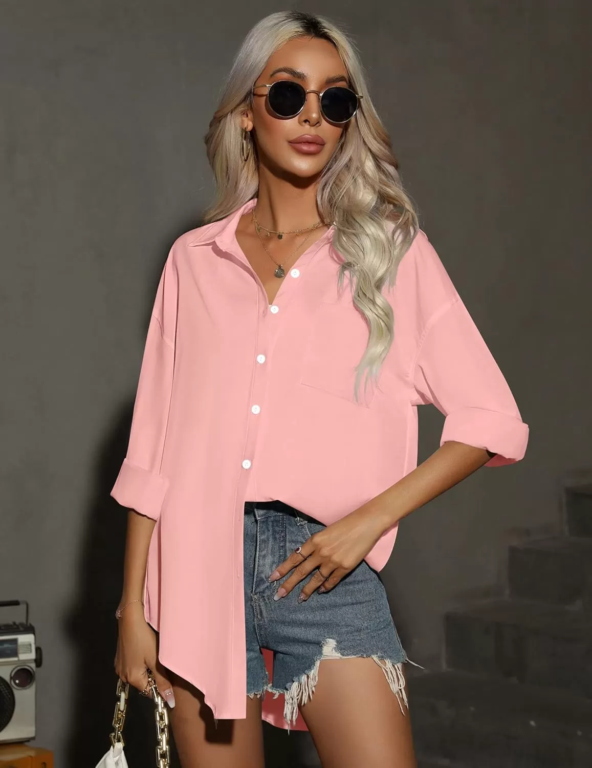 imageHOTOUCH Women Oversized Button Down Shirts Office Drop Shoulder Blouse Long Sleeve Boyfriend Dress Shirt with PocketsLight Pink