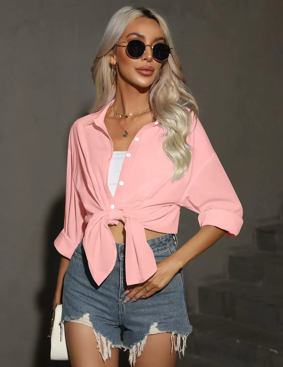 imageHOTOUCH Women Oversized Button Down Shirts Office Drop Shoulder Blouse Long Sleeve Boyfriend Dress Shirt with PocketsLight Pink
