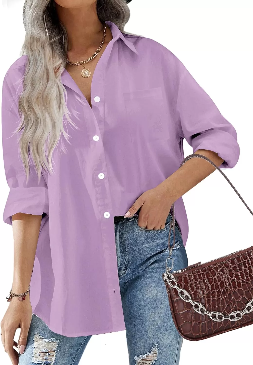 imageHOTOUCH Women Oversized Button Down Shirts Office Drop Shoulder Blouse Long Sleeve Boyfriend Dress Shirt with PocketsPurple