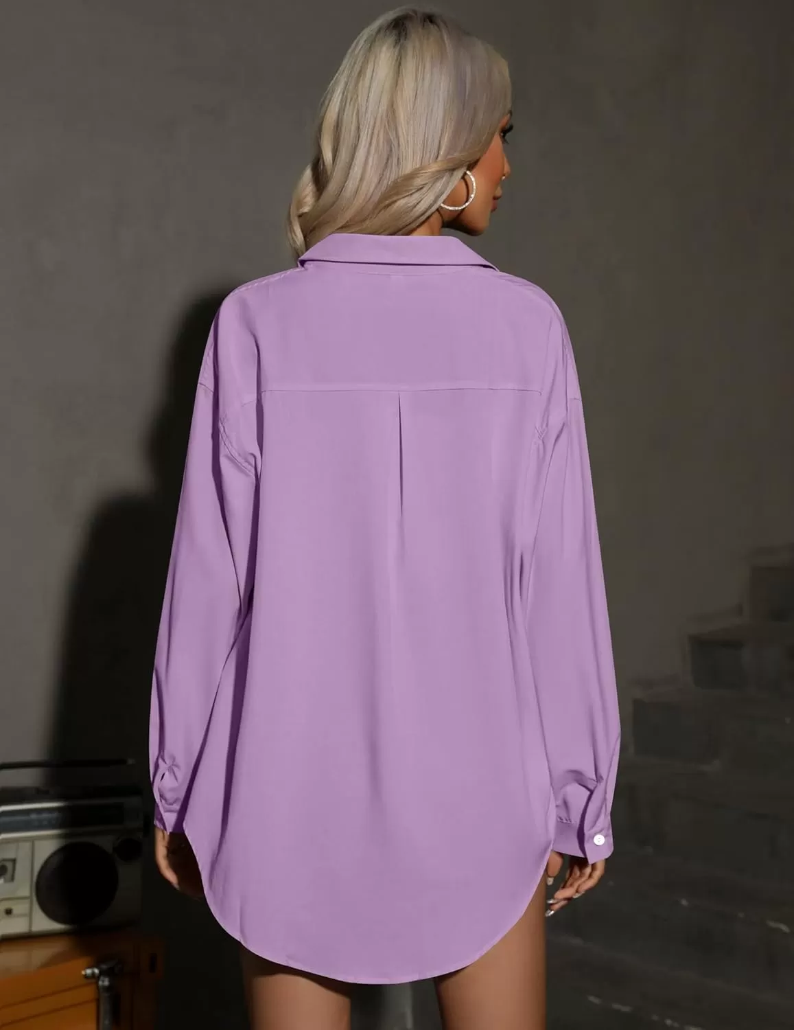 imageHOTOUCH Women Oversized Button Down Shirts Office Drop Shoulder Blouse Long Sleeve Boyfriend Dress Shirt with PocketsPurple