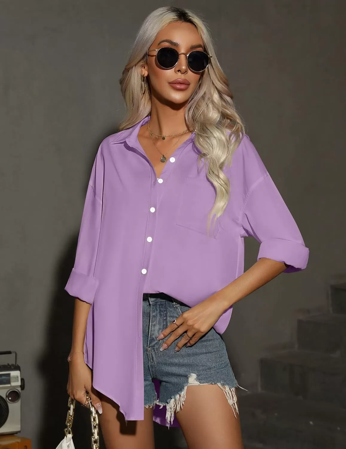 imageHOTOUCH Women Oversized Button Down Shirts Office Drop Shoulder Blouse Long Sleeve Boyfriend Dress Shirt with PocketsPurple
