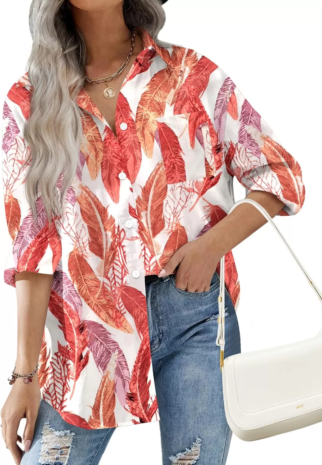 imageHOTOUCH Women Oversized Button Down Shirts Office Drop Shoulder Blouse Long Sleeve Boyfriend Dress Shirt with PocketsRed Leaves