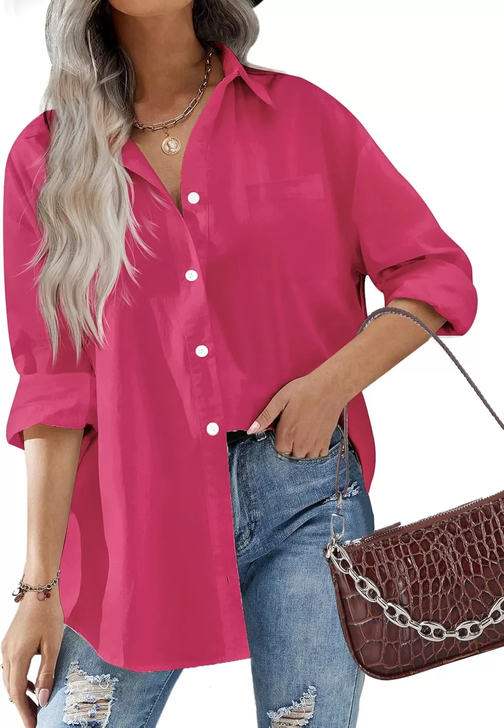 imageHOTOUCH Women Oversized Button Down Shirts Office Drop Shoulder Blouse Long Sleeve Boyfriend Dress Shirt with PocketsRose Red