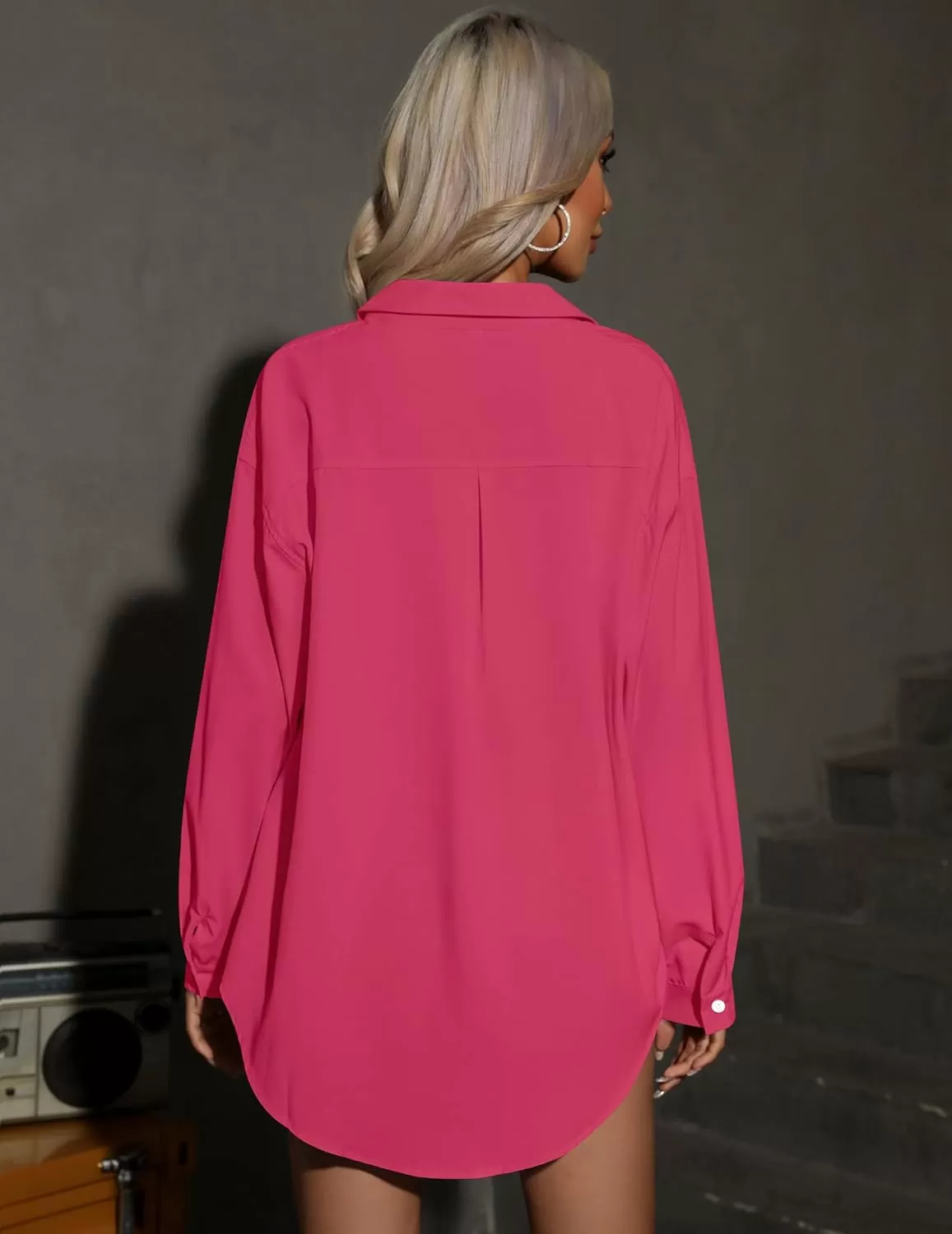 imageHOTOUCH Women Oversized Button Down Shirts Office Drop Shoulder Blouse Long Sleeve Boyfriend Dress Shirt with PocketsRose Red