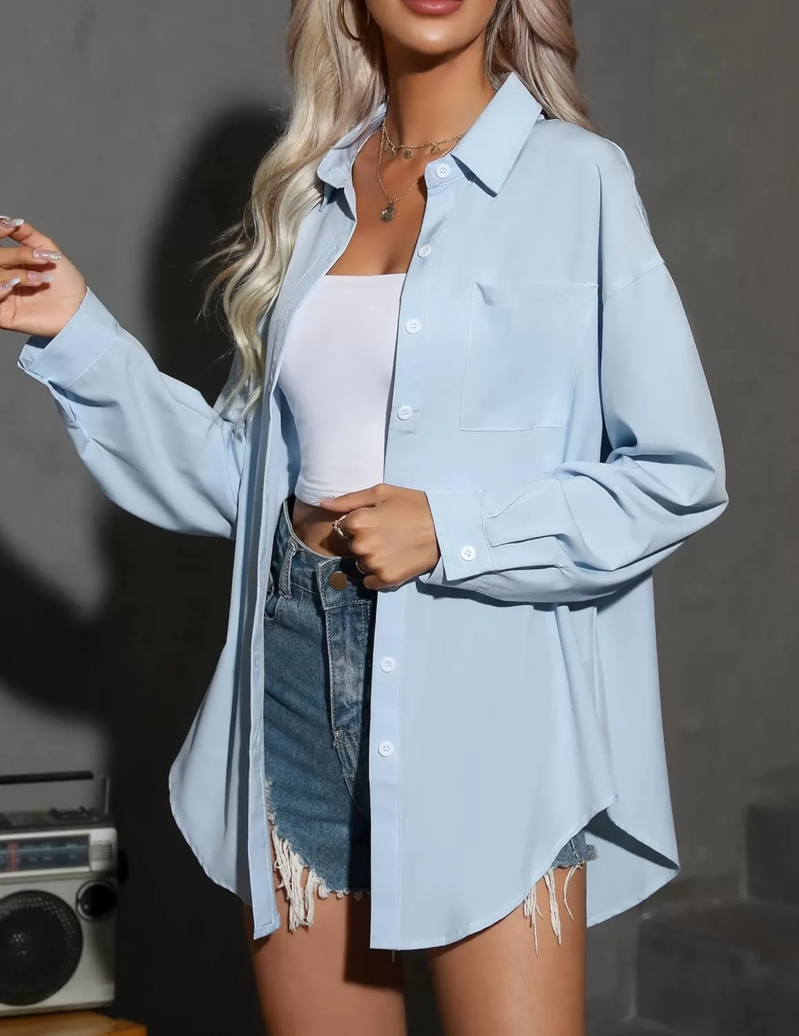 imageHOTOUCH Women Oversized Button Down Shirts Office Drop Shoulder Blouse Long Sleeve Boyfriend Dress Shirt with PocketsSky Blue