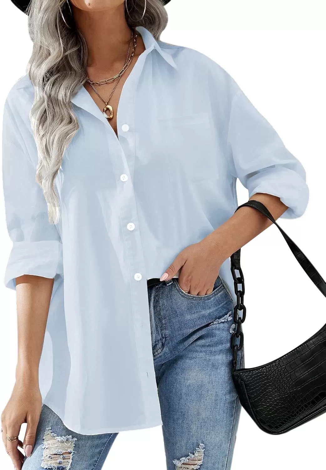 imageHOTOUCH Women Oversized Button Down Shirts Office Drop Shoulder Blouse Long Sleeve Boyfriend Dress Shirt with PocketsSky Blue