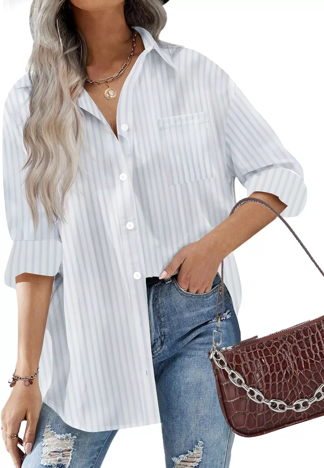 imageHOTOUCH Women Oversized Button Down Shirts Office Drop Shoulder Blouse Long Sleeve Boyfriend Dress Shirt with PocketsStripes