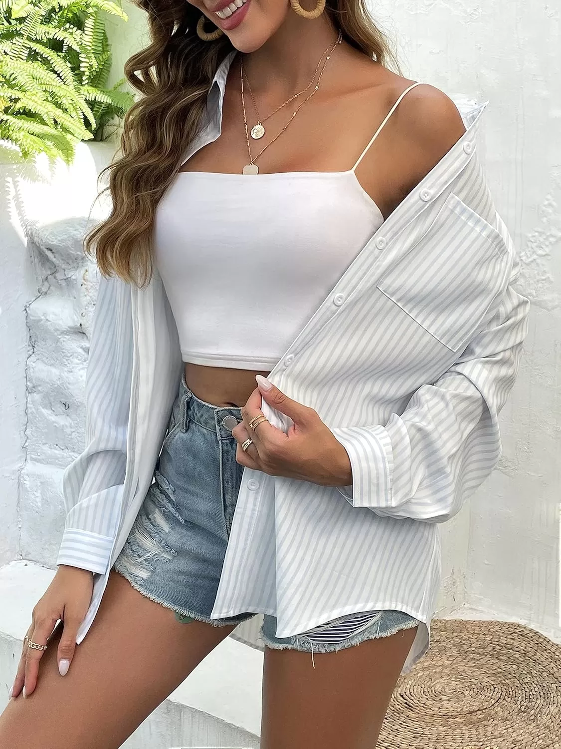 imageHOTOUCH Women Oversized Button Down Shirts Office Drop Shoulder Blouse Long Sleeve Boyfriend Dress Shirt with PocketsStripes