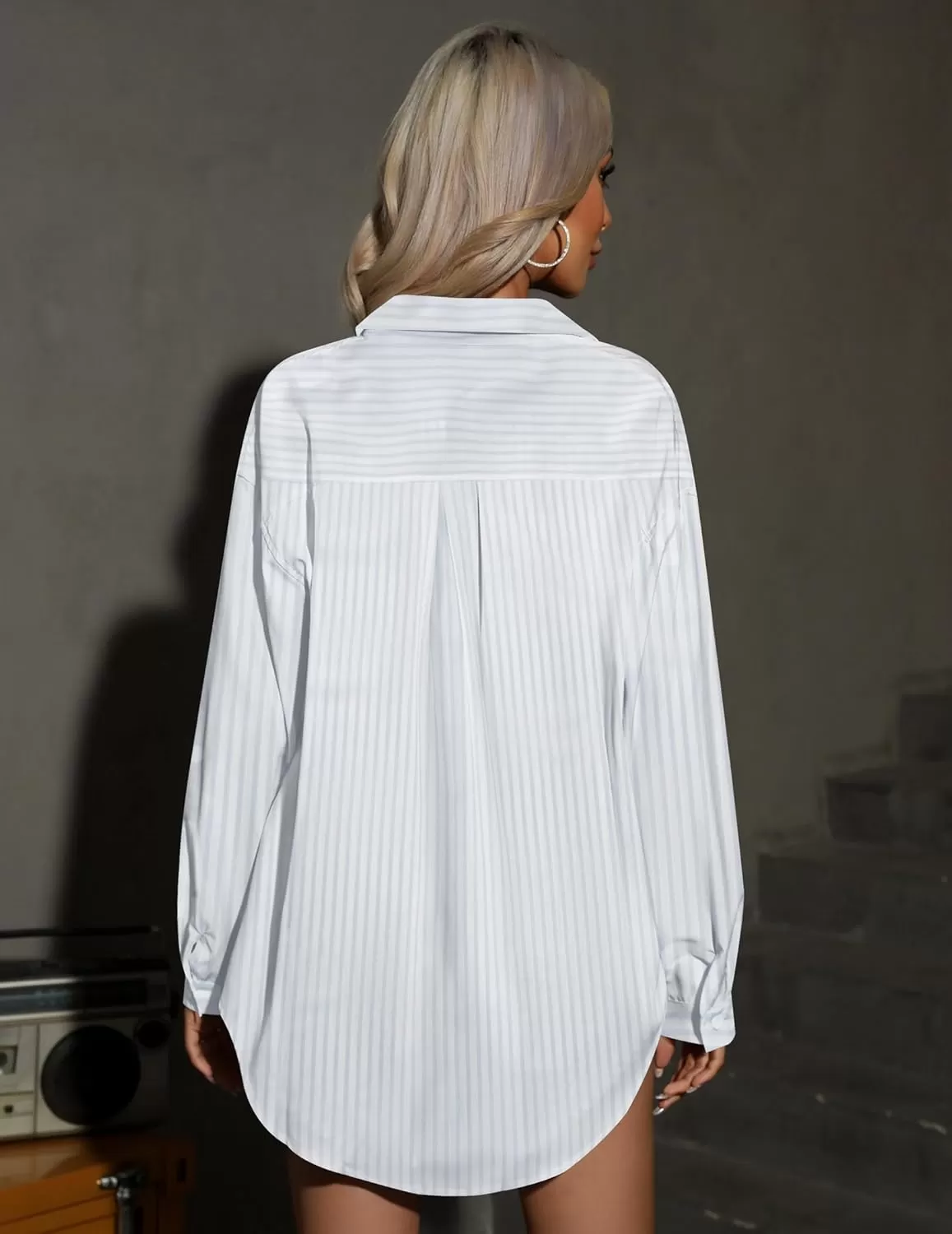 imageHOTOUCH Women Oversized Button Down Shirts Office Drop Shoulder Blouse Long Sleeve Boyfriend Dress Shirt with PocketsStripes